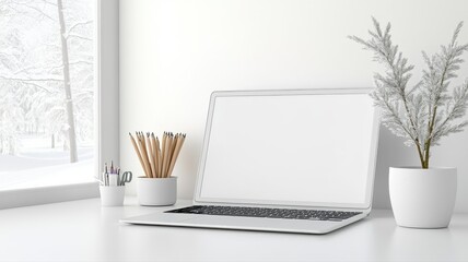 Fototapeta premium A minimalist workspace featuring a laptop, potted plant, and decorative items, perfect for remote work inspiration.