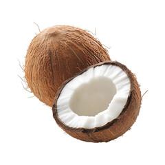 Whole and Halved Coconuts with White Flesh Isolated on Transparent Background – Fresh Tropical Fruit