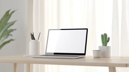 Fototapeta premium A minimalist workspace featuring a laptop and potted plants, perfect for inspiring creativity and productivity.
