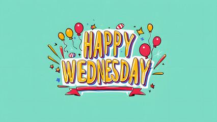 Happy Wednesday Cartoon Text Clipart. Hand drawn and colored whimsical cartoon special occasion text that reads HAPPY WEDNESDAY,