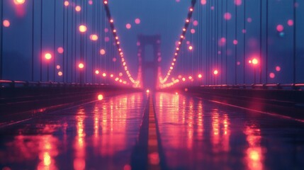 Captivating Night View of Bridge with Blurry Lights and Reflections on Wet Surface in Urban Setting