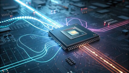 Quantum Computing Concept. Neon Trails illuminate a Quantum Processor Chip, showcasing intricate circuitry and data flow. A futuristic technological marvel.