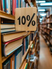 A close up shot featuring a discount sign in a library