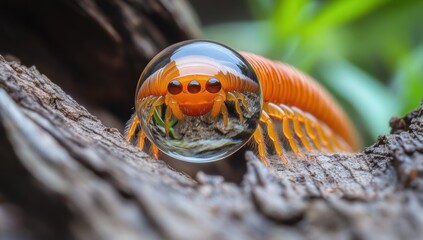 An orange insect is viewed through a water droplet bubble