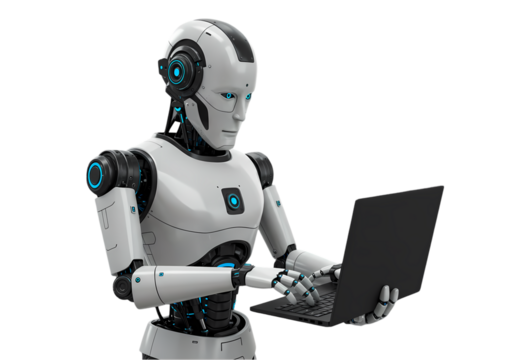 AI Robot using Laptop Artificial Intelligence isolated on transparent background