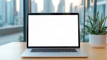 Fototapeta premium A modern laptop on a wooden desk, featuring a blank screen and a potted plant in a contemporary office setting.