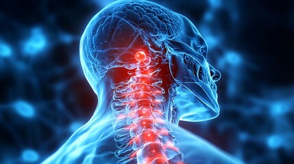 A biomechanical-inspired rendering of a pinched nerve in the cervical spine, inflammation glowing red, x-ray transparency effect, futuristic blue-lit background,
