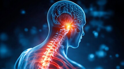 A biomechanical-inspired rendering of a pinched nerve in the cervical spine, inflammation glowing red, x-ray transparency effect, futuristic blue-lit background,