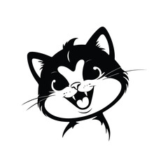 A black and white vector illustration of a happy baby cat with a wide grin and playful eyes, jumping on a white background
