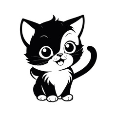 A sleek black and white vector illustration of a smiling baby cat with its head tilted in a cute, happy pose on a white background