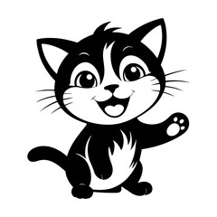 A clean black and white vector illustration of a playful baby cat with a beaming face, radiating happiness on a white background