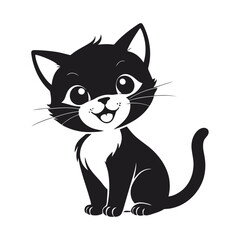 A black and white vector silhouette of a baby cat giggling, its tiny paws up in excitement on a white background
