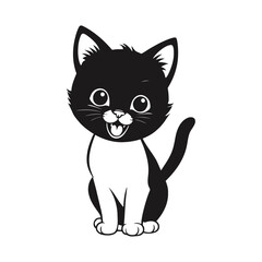 A black and white vector silhouette of a joyful baby cat jumping with excitement, its tiny paws lifted on a white background