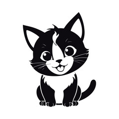 A minimalistic black and white vector illustration of a smiling baby cat with perked-up ears on a clean white background