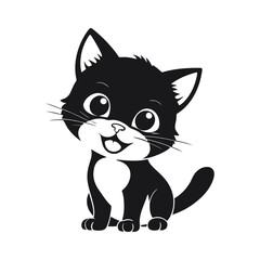 A sleek black and white vector illustration of a baby cat with a wide, happy smile, spreading joy on a white background