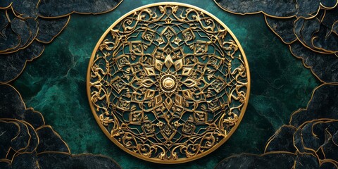 Naklejka premium Golden ornate mandala on a textured teal background