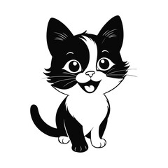 A black and white vector silhouette of a happy baby cat standing with its tail up in excitement on a white background