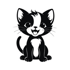 A simple black and white vector illustration of a baby cat grinning playfully with its tiny whiskers lifted on a clean white background