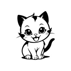 A black and white vector silhouette of a cheerful baby cat with bright eyes and a joyful expression on a white background