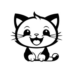 A black and white vector illustration of a baby cat with a big smile, sitting happily on a white background