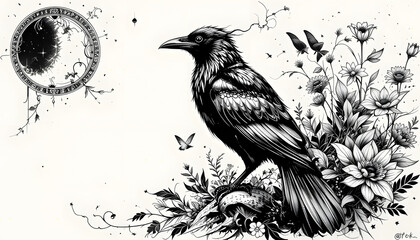 A black and white tatto design, illustration of a crow