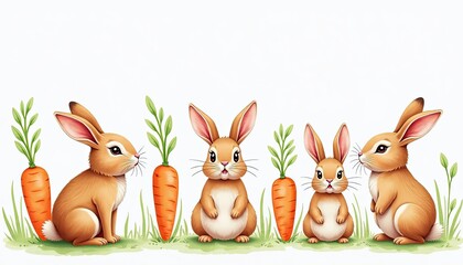 Watercolor Brown Easter Bunnies and Carrots on White Background