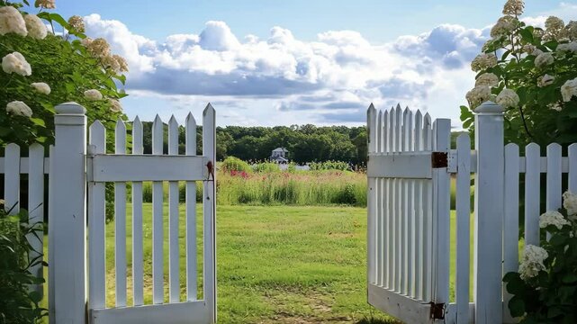 Open Gate: A gate ajar in a white ket fence.