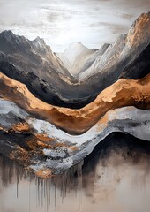 Abstract landscape artwork showcasing mountains with a blend of gray, black, and golden hues