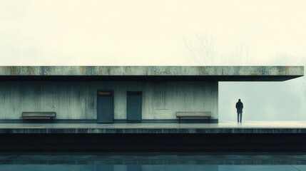 Fototapeta premium Solitary Figure Standing at an Empty Platform in a Misty and Ethereal Atmosphere Capturing an Overwhelming Sense of Loneliness and Isolation