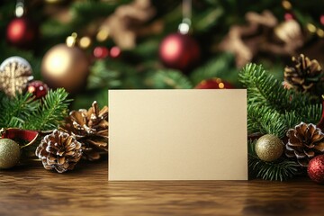 Vibrant Color Image of Mockup Empty Card on Wooden Table with Christmas Decoration Background