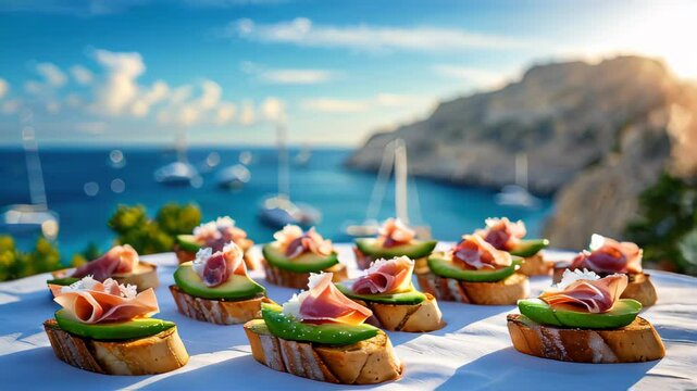 Gourmet appetizers displayed on a table with a scenic coastal background during a sunny outdoor event
