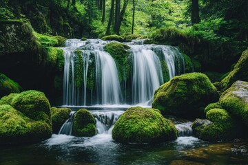 Lush Forest Waterfall Cascading Over Mossy Rocks
