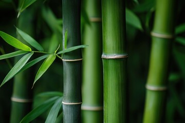 Obraz premium Lush green bamboo stalks in a dense forest, close-up view of natural growth