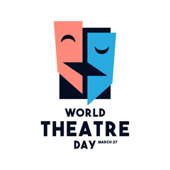 World Theatre Day. March 27. Happy and sad mask. Flat design vector. White background. Banner, card, background.