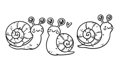 Set of cute snails in various forms with hand-drawn vector illustrations. Doodle line art style, isolated and easy to use for creative projects and designs.