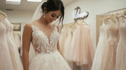 Beautiful bride in elegant wedding dress at bridal store fitting