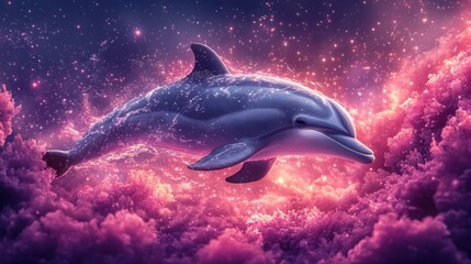 Obraz premium This enchanting illustration shows a dolphin swimming under a shimmering moon and stars, against a dreamy purple and pink backdrop.