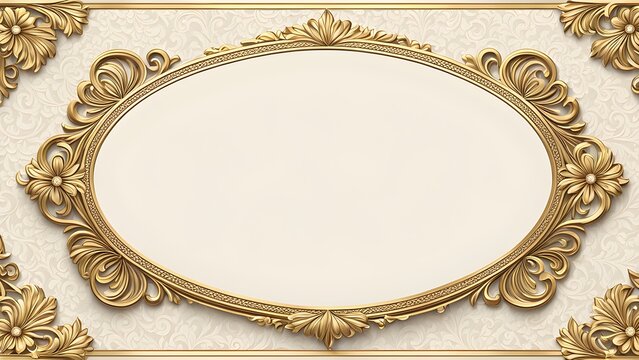 A luxurious gold oval frame intricate floral details, set against an off-white ornate background, perfect design projects.