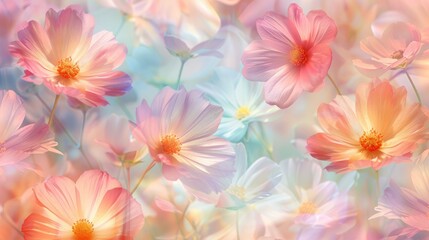 Fototapeta premium Multi-colored translucent leaves and pastel-colored flowers are superimposed on each other on a soft background, creating a delicate and airy visual effect. The concept of nature.