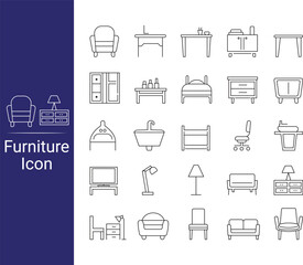 Furniture line icon set. Containing sofa, chair, table, bed, lamp, wardrobe, mirror, desk, television, night stand, sink and more.  linear style icon. Vector solid icons collection. Outline signs.