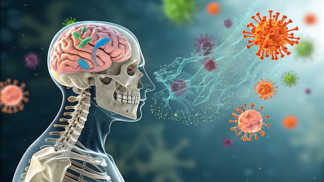 "Medical Illustration of Human Skull, Spine, Brain, Coronavirus, Neurons" - Powered by Adobe