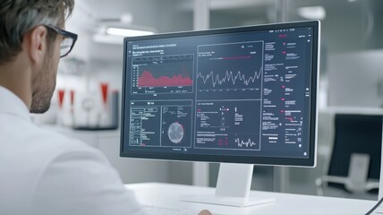 A professional analyzing data on a modern computer screen in a high-tech environment.