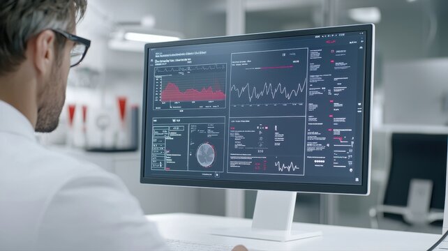 A professional analyzing data on a modern computer screen in a high-tech environment.