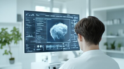 A scientist analyzing data on a digital screen, showcasing advanced technology in a modern lab environment.