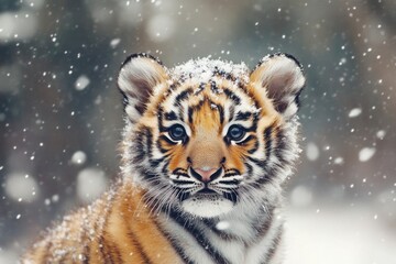 Snow-Covered Tiger Cub in Winter Forest