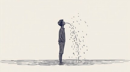 Surreal illustration of a young boy standing in a puddle with water flowing from his mouth in a whimsical, dreamlike setting with a minimalist style