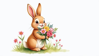 Obraz premium Cute Cartoon Brown Rabbit Holding Pink and Yellow Flowers on Green Grass