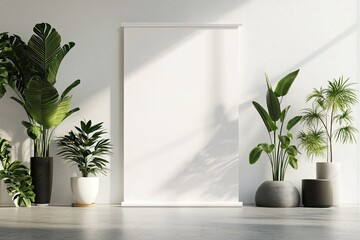 Sharp Image of Roll Up Banner Mockup with Plants in Minimalist Space