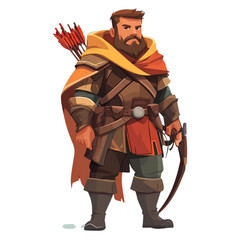 A cartoon style archer with a beard and cape stands with arrows and a bow