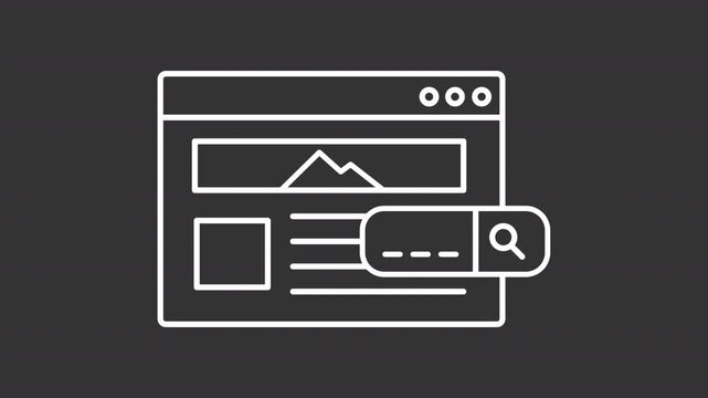 Keyword search white line animation. Web site with bar for user request animated icon. SEO analyzing on webpage. Isolated illustration on dark background. Transition alpha video. Motion graphic